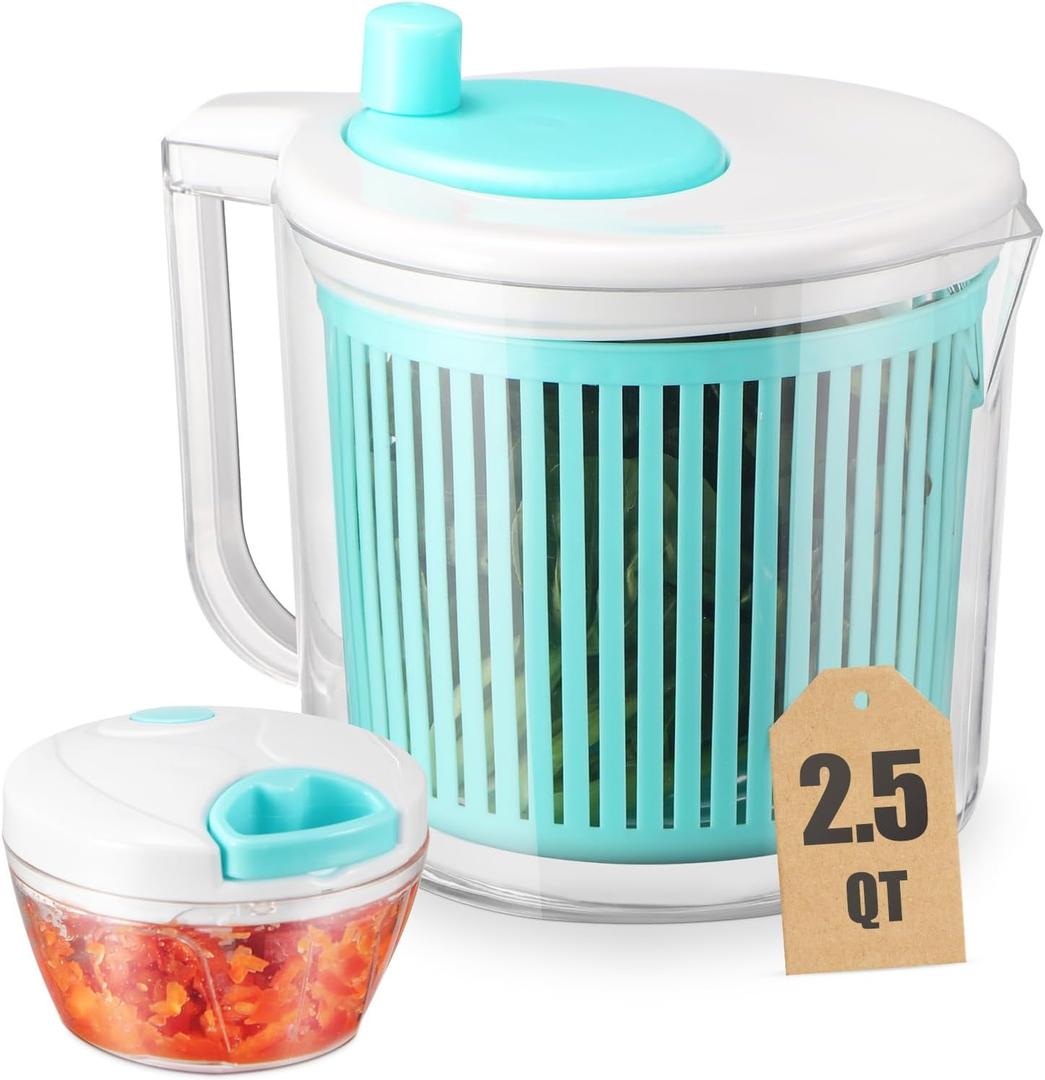 Salad Spinner with Chopper Set2.5Qt Lettuce Spinner with Built-in Colander and Measuring Cup BowlSmall Plastic Fruit Cleaner Pasta Dryer Herb CleanerSingle Serve Quick Veggie Prepping Set (Mint)