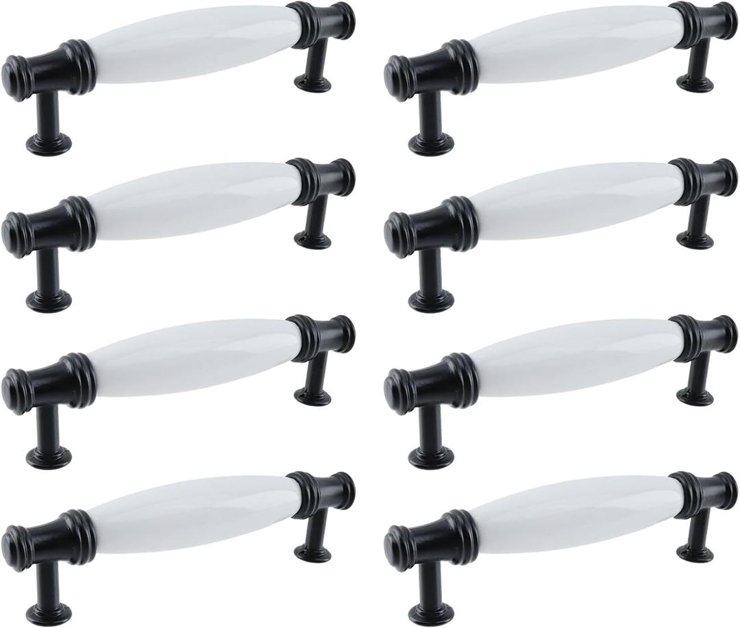 Cabinet Handles Ceramic Pulls Antique Vintage Funiture Hardware Hole Spacing 97mm/3.82inch for Kitchen Dresser Closet Cupboard Drawer Door with Mounting Screws,8PCS(Black and White)