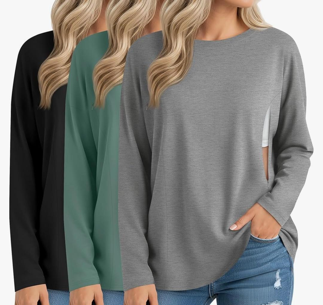 Sweetyweee 3 Pack Women's Nursing Breastfeeding Tops Long Sleeve Maternity Shirts Oversize Hidden Zipper Pregnancy Clothes. Medium