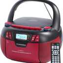 Boombox CD Player with Bluetooth and Cassette Player | Portable AM/FM Radio, MP3/USB/AUX Input, Stereo Sound System with Recorder, AC & Battery Powered for Home & Outdoor (Red)