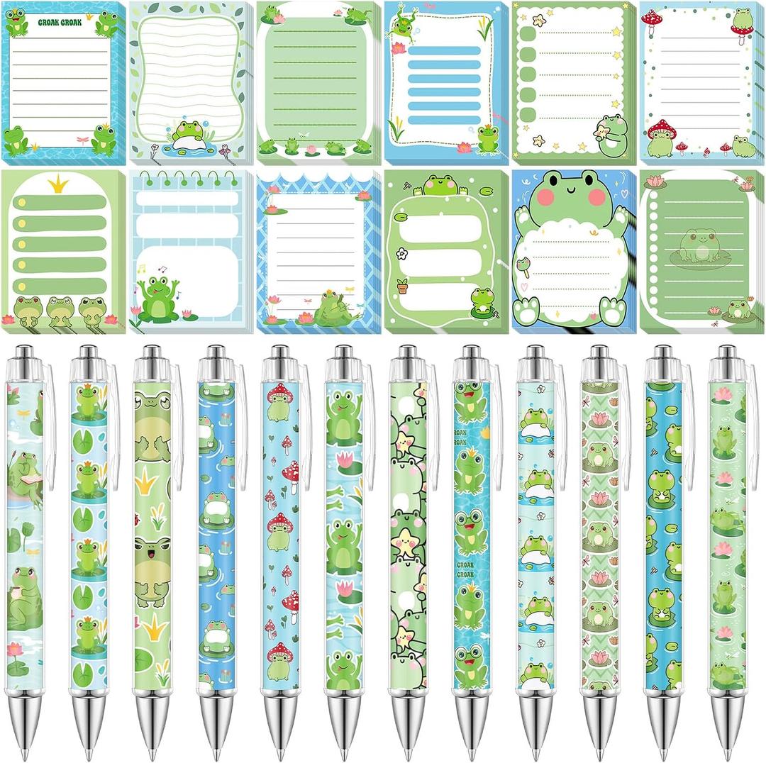 Dispowreath 24 Pcs Frog Sticky Notes with Pens Christmas Themed Gifts Notepad Cute Memo Notes Pads Self Adhesive Black Ink Ballpoint Pen for Frog Lover Gifts Office School Students Teacher Supplies