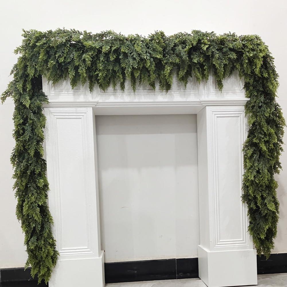 9FT Christmas Cedar Garland Artificial Full and Lush Cedar Garland Faux Pine Needles Cypress Garlands for Table Mantle Wall Window Indoor Outdoor Home Decor