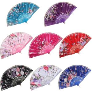 BABEYOND 8pcs Floral Folding Hand Fan Vintage Handheld Lace Folding Fan with Different Flower Patterns Fabric Folding Fan for Wedding Dancing Party (Color Random Selected with Chinese rose)