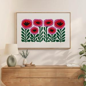 Large Framed Botanical Pink Floral Wall Art for Dining Room, 24x36 Inch