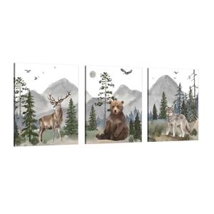 Woodland Nursery Animals Wall Art: 3 Piece Wildlife Wall Art for Kids Room Decor 20"x30",Elk Bear Wolf Pictures Forest Animal Prints Canvas Hanging Posters for Baby Boy Girl Nursery Wall Decor
