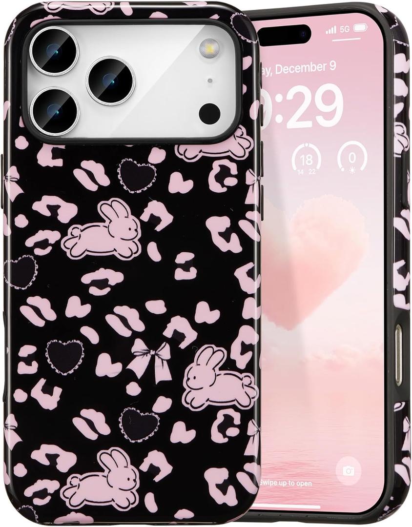 DEFBSC Case for iPhone 17 Pro Max, Cute Pink Bow Leopard Print Aesthetic Trendy Pattern for Women Girls Slim Durable Bumper Shockproof for iPhone 17 Pro Max Case, Bunny/Glossy