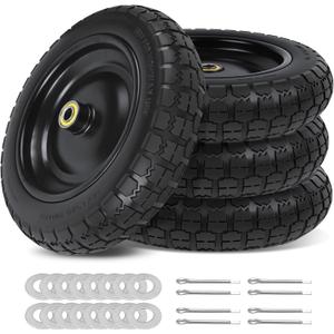 13 Inch Flat Free Wheels Tires 4.00-6 Solid Replacement with Universal 5/8" Axle Bore Hole, 16 Spacers and 8 Pins, for Wheelbarrow, Garden Wagon, Hand Truck, Trolley, Lawn Mower, 4 Pack (13" - 4P)