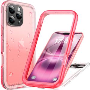 Cozycase for iPhone 16 Pro Max Case Waterproof - 360 Heavy Duty with Screen/Camera Protector Shockproof IP68 Underwater Dustproof Water Shock Proof Full Body/Front and Back Case Pink/Frosted Clear