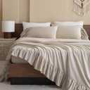QSH 100% Cotton Queen Sheet Set,Ruffle Bed Sheets Linen Feel Textured Farmhouse Shabby Vintage Chic Bedding 4 Pieces Aesthetic French Country Queen Bed Set Soft Breathable