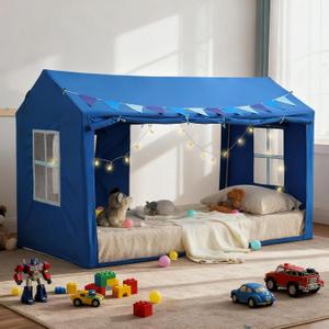 Twin Bed Tent for Kids, Princess Bed Canopy Playhouse with Star Lights, Breathable Private Space Fort Tents, Castle Reading Nook Play Tent for Girls Boys, Blue