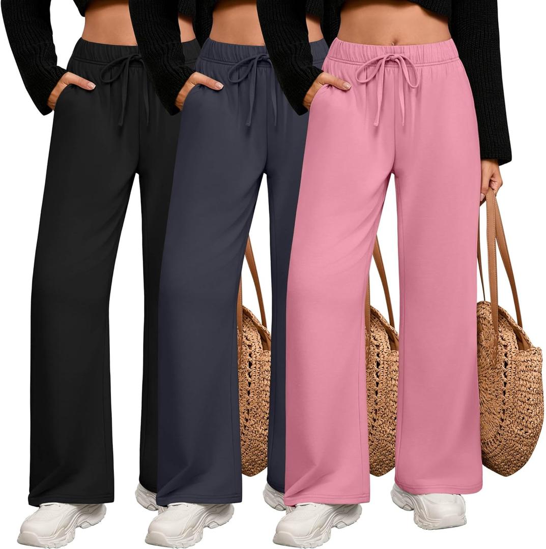 3 Pack Women's Lounge Pants with Pockets Casual Wide Leg Drawstring Yoga Pants Straight Trousers Spring Bottoms (Medium, Pink, Dark Gray, Black)