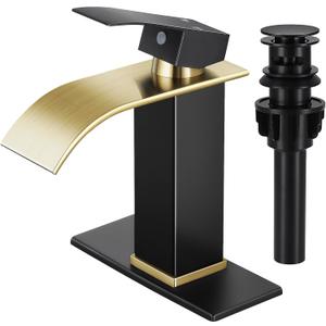 Qomolangma Waterfall Bathroom Faucet, Black and Gold Modern Single Handle Bathroom Faucets for 1 or 3 Hole Bathroom Sink Faucet Mixer Tap Washbasin Faucet with Deck, Pop-up Drain and Supply Hoses
