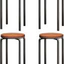 Stacking Stools Set of 4, 18" H Backless Round Wooden Top Portable Stackable Stools with Metal Frame (Brown)