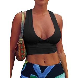 AEPEBO Sexy Crop Tops for Women Deep V Neck Back Cutout Sleeveless Plunge Racerback Tank Cropped Top (Black)