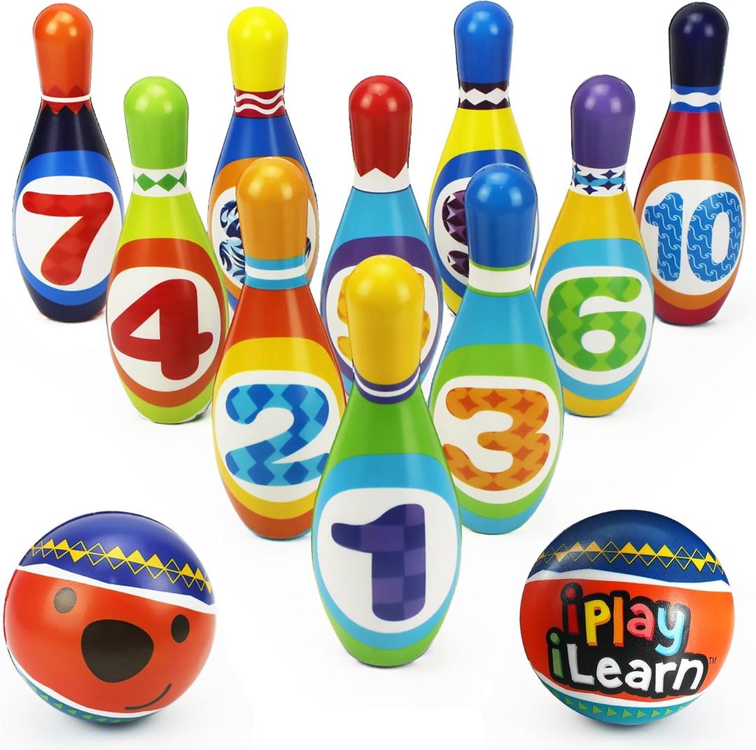 iPlay, iLearn Kids Bowling Toys Set, Toddler Indoor Outdoor Activity Play Game, Soft 10 Foam Pins & Two Balls Playset, Educational, Birthday Party Gift for 18 24 Months, 2 3 Year Old Children Boy Girl