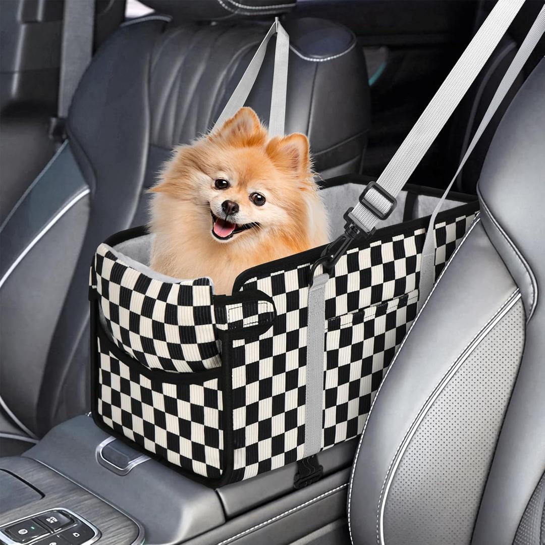 Console Dog Car Seat - Portable Dogs Armrest Booster Seat for Small Dog, Foldable Pet Car Seat with Safety Belt, Black Checkered