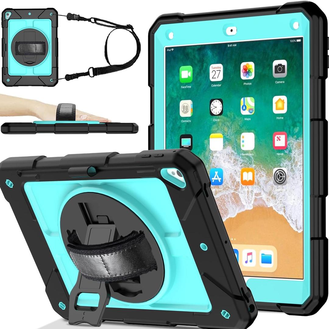 BMOUO Case for iPad 6th 5th Generation (9.7 inch, 2018/2017), 3 Layer Shockproof [360 Swivel Stand][Hand Strap][Pencil Holder] Kids Case for iPad 9.7 inch 2018/2017,Sky Blue