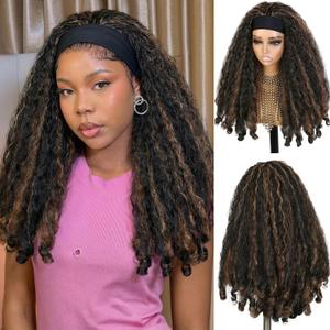 Quantum Love Yaki Curly Headband Wigs for Black Women New Afro Curly Synthetic Braided Hair 24Inch Wear and Go Kinky Curly Glueless Headband Mix Brown Wig with Bouncy Curls