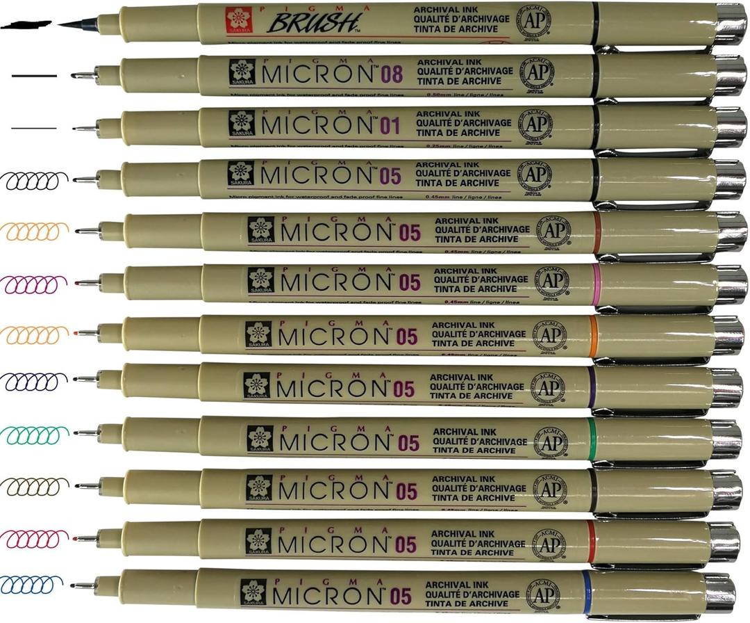 Sakura Pigma Micron pens 12 Fineliner Drawing Set (05 Assorted Color with Black Brush, 08, 01 & 05)