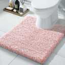 Yimobra Toilet Rugs U Shaped Washable 24x20, Ultra Soft and Water Absorbent Bath Mats, Non Slip Fluffy Shaggy Luxury Microfiber Contour Bath Rugs for Toilet, Dry Quick, Light Pink and White