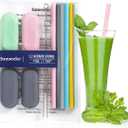 Sunseeke Silicone Straws Reusable - Odorless, 12 Standard Drinking Straws, 4 Carry Pouch, 2 Cleaning Brushes, Certificated Food Grade Platinum Silicone - 8 1/2" Long