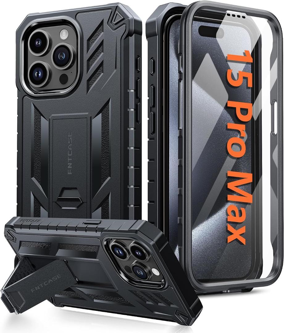 FNTCASE for iPhone 15-Pro-Max Case: Military Grade Drop Proof Rugged Protective Cell Phone Cover with Kickstand & Built-in Protector | Matte Textured Shockproof TPU Hybrid Bumper Cases (Black)