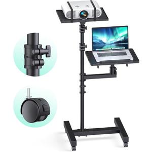 Projector Stand Tripod: 2 Shelves Mobile Laptop Cart Adjustable Height 45 to 64 Inches, Rolling Laptop Stand Cart with Ventilated Tray, Projector Tripod Stand on Wheels for Couch, Bedside, Meeting