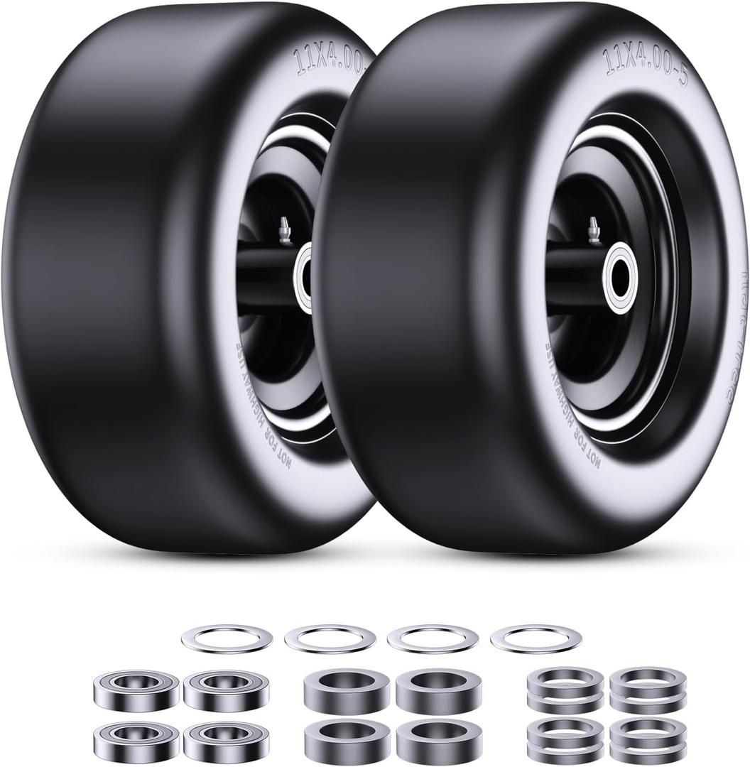 11x4.00-5" Universal Fit 11x4.00-5 Flat Free Tire and Wheel Assembly, Solid Wheels for Residential and Commercial Use, Suitable for 3/4-inch and 5/8-inch Bearings, 3.4-5-inch Center Hub, 2 pack