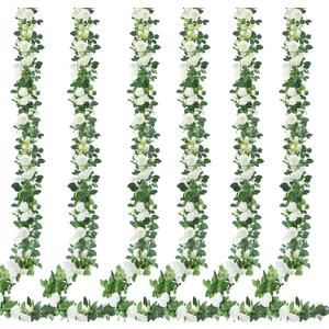 Sggvecsy 6Pcs 46.5Ft Artificial Rose Vine Fake Flower Garland Floral Garland Faux Silk Hanging Vine Rose Ivy Vines for Wedding Arch Party Wall Garden Ceremony Background Outdoor Decor (White)