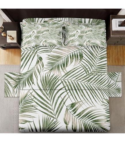 Queen Size Bed Sheet Sets with Pillowcases, Green Golden Tropical 4 Pcs Soft Microfiber Bedding for Kids and Adults, Leaves Monstera Palm Flat, Fitted Sheet for Bedroom Bed Decor