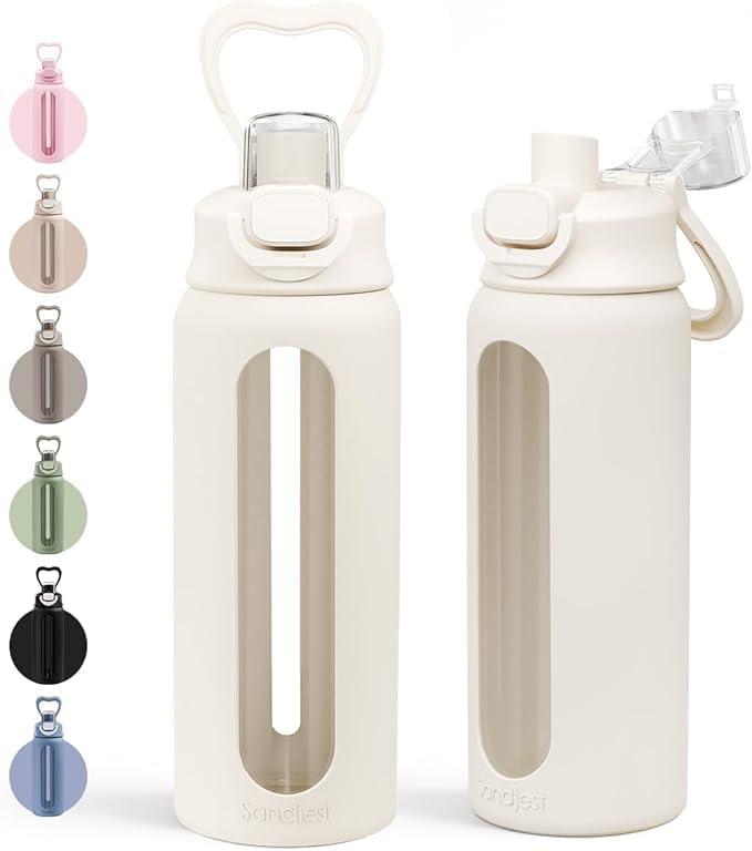 Glass Water Bottle with Silicone Sleeve 24oz with Lid, Motivational Time Marker, Drinking Hydration Glass Bottles for Men Women, Gym Travel Sports (Cream)