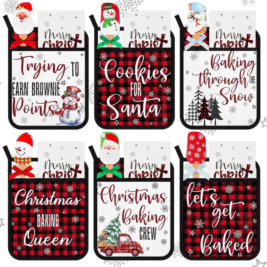 Layhit 18 Pcs Pot Holders with Silicone Spatulas Funny Baking Theme Pot Holders Gift Resistant Oven Mitts Cooking Pocket Potholders(Snowman)