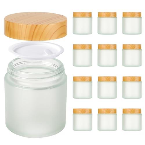 4oz Jars with Lids, Hoa Kinh 12 Pack Frosted Glass Jars with Lids Empty Cosmetic Containers Round Airtight Glass Jar with Inner Liners and Woodgrain Lid for Storing Lotions, Powders, and Ointments