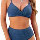 ZAFUL Women High Waisted Bikini Sets Two Piece Swimsuit Push Up Twist Front Ruched Bathing Suit (Large, Blue)