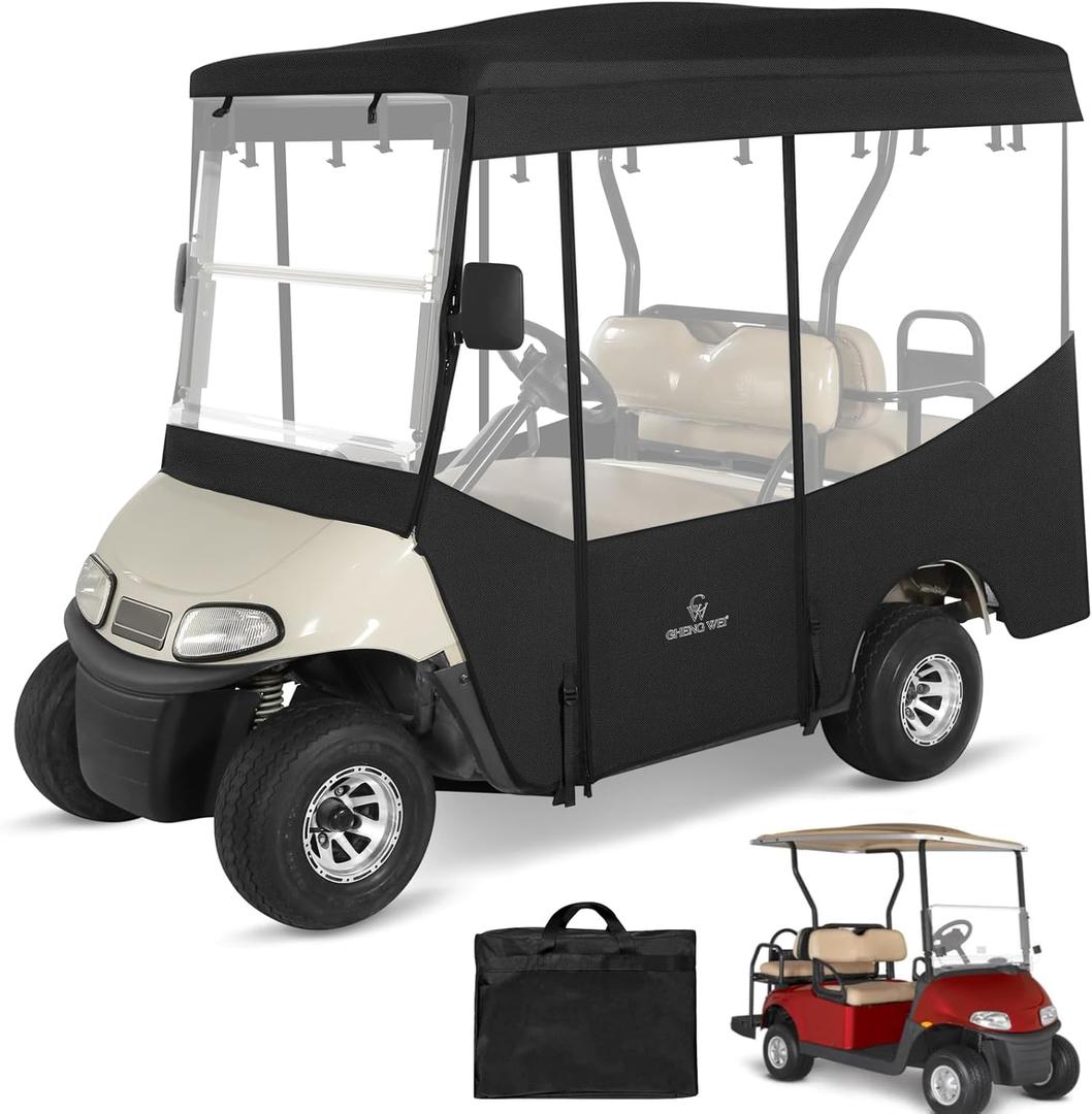Golf Cart Enclosures 4 Passenger 80 Extended Roof for Ezgo RXV,600D Clear Rain Cover Driving Enclosure 4 Seater,Full Roll Up 4 Sided Transparent Windows&Door Heavy Duty Zipper,Side Mirrors Openings