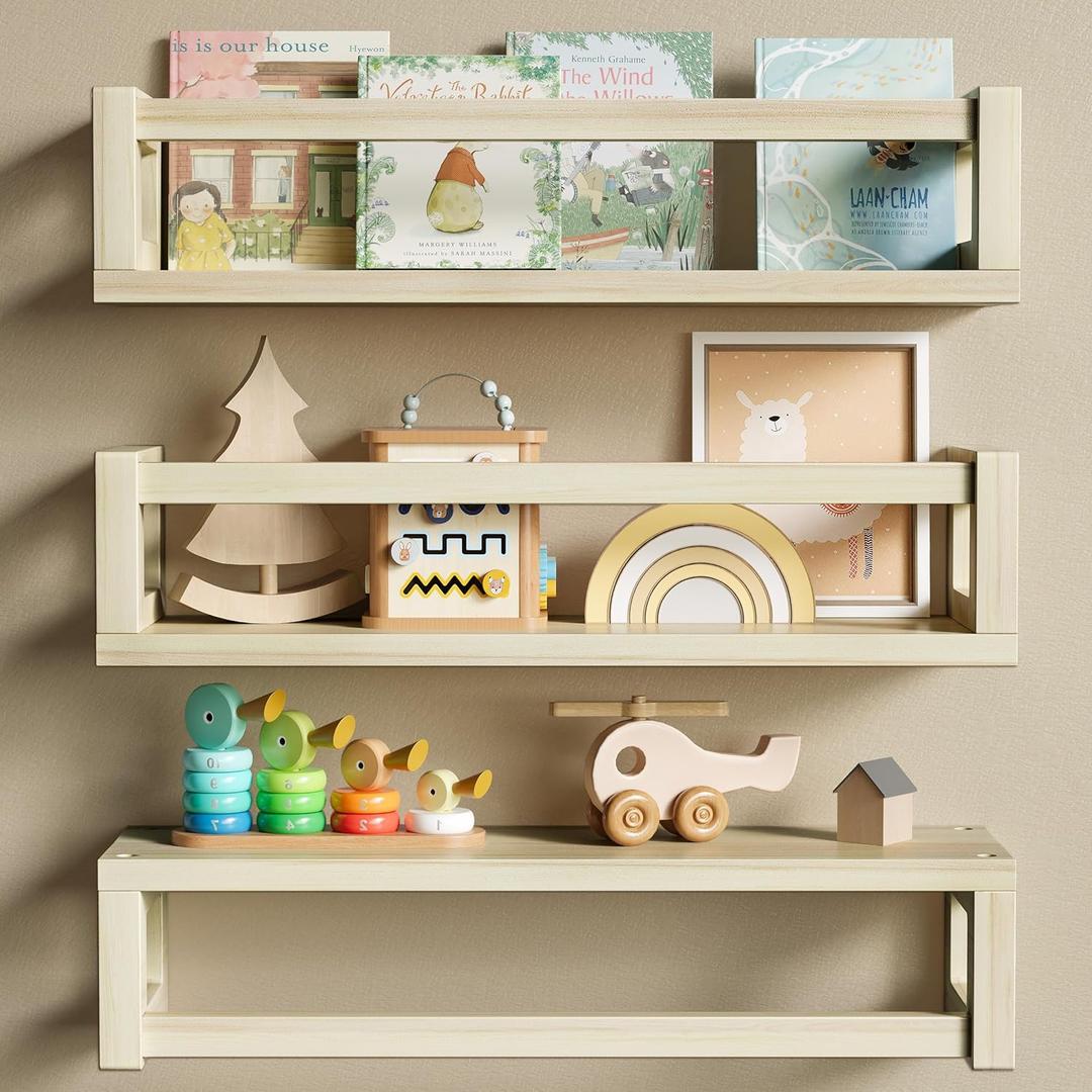 TidyCorner Sturdy Floating Shelves  Set of 3 Wall Bookshelves and Nursery Floating Shelves for Books, Toys, Kitchen, Bathroom, and Home Decor  Natural Poplar (15.75 Inch)