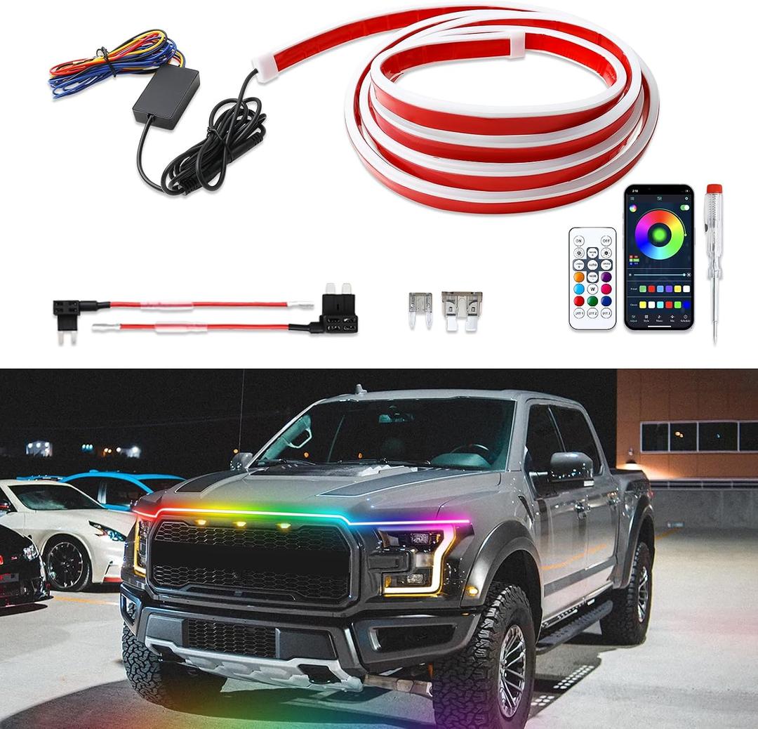 DREAMIZER 94" RGB Car Led Hood Light Strip Multicolor Exterior Dynamic Car Led Strip Lights Waterproof Flexible Light Strip with Fuse Protection Daytime Running Hood Lights for Truck,Cars,SUV,Pickups