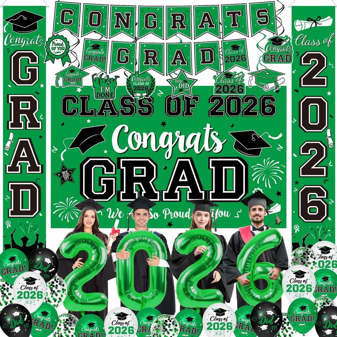 Graduation Decorations Class of 2026 - Green Graduation Party Supplies Include Grad Backdrop, Banner, Hanging Swirls, Porch Sign, Balloons, Foil Number 2026 for Congrats Grad Party Decorations