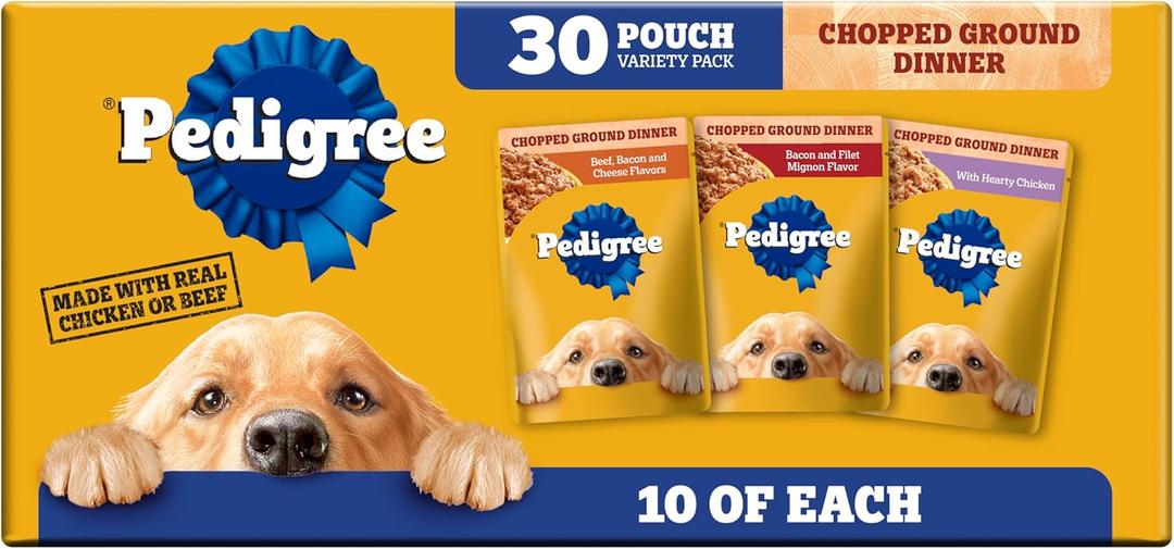 Pedigree Chopped Ground Dinner Wet Dog Food Beef & Bacon Variety Pack, (30) 3.5 oz. Pouches (EXP 10/01/26)