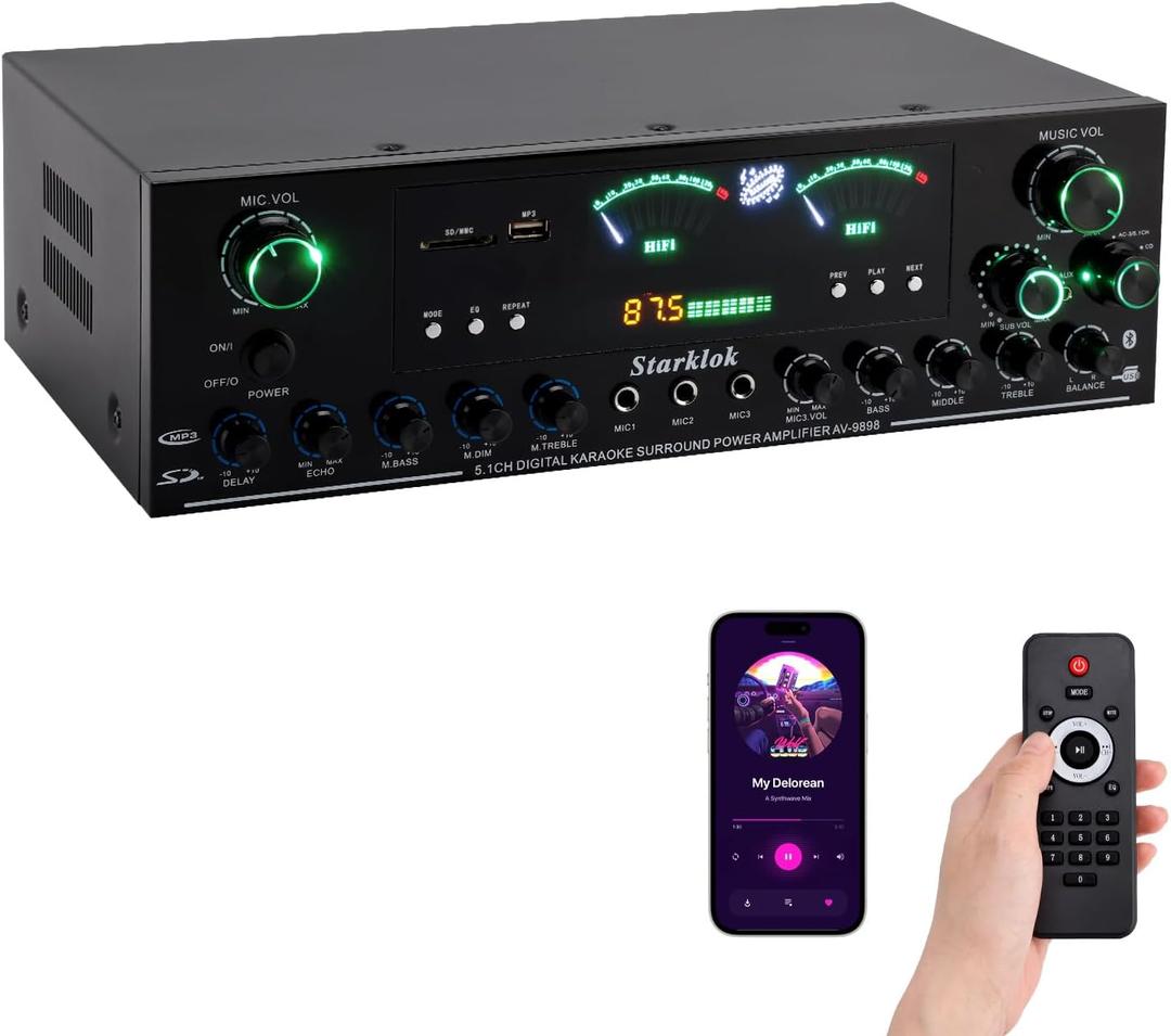 3000W Peak 5.1-Channel Home Audio Power Amplifier HiFi Stereo Amplifier with Subwoofer, 3 Microphone Inputs, USB/SD Card Reader, Remote Control for Karaoke & Home Theater