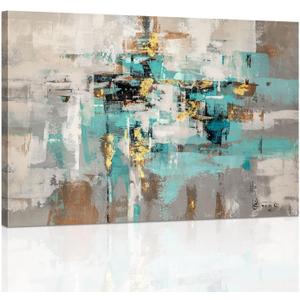 Teal Grey Canvas Wall Art: Blue Gray Abstract Picture for Living Room, Framed Turquoise Gold Painting Bedroom Office Home Decoration 16 x 24 Inch