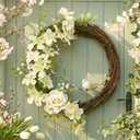 Boao Rustic Spring Wreaths for Front Door with Yellow Fake Bird White Rose Cherry Blossoms Grapevine Artificial Flower Wreath Farmhouse Outdoor Floral Wreaths Outdoor Indoor Home Decorations, 10 Inch