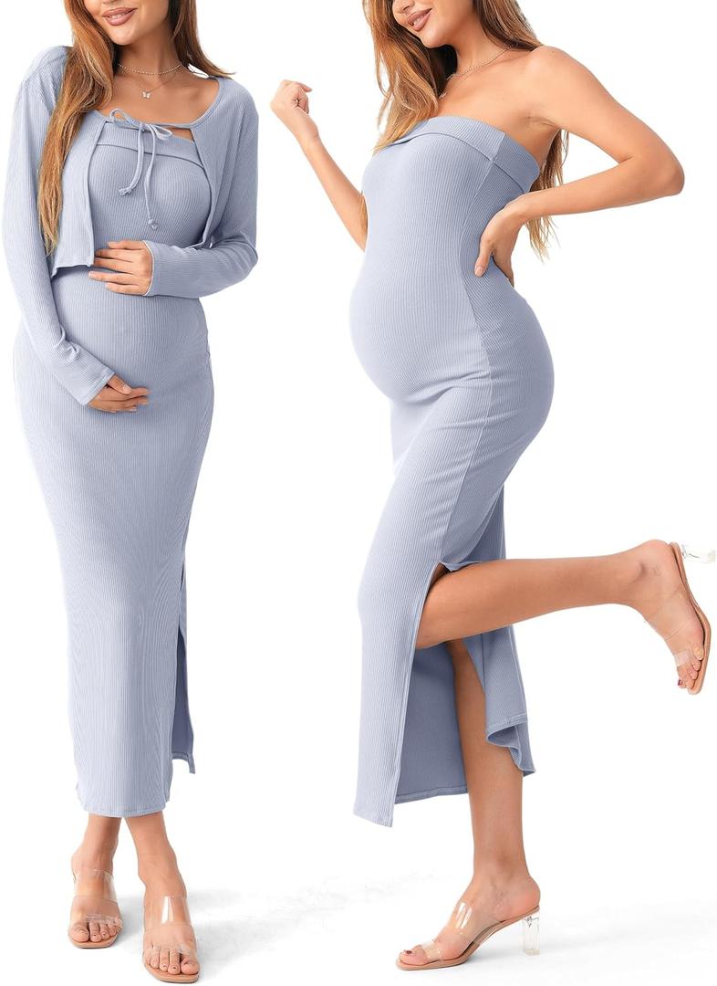 SUNNYBUY Baby Shower Maternity Tube Dress Short Cardigan Bodycon Ribbed Maxi Dress Casual 2 Piece Pregnancy Outfit Set (Medium, Light Blue)