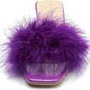 Women's Square Toe Heeled Sandals Low Block Chunky Heels Clear Mules Fluffy Feather Slip on Wedding Bridal Party Dress Shoes (Purple) 41