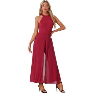 Allegra K Jumpsuit for Women Chiffon Sleeveless Halter Neck Wide Leg 2026 Dressy Casual Jumpsuits (L)