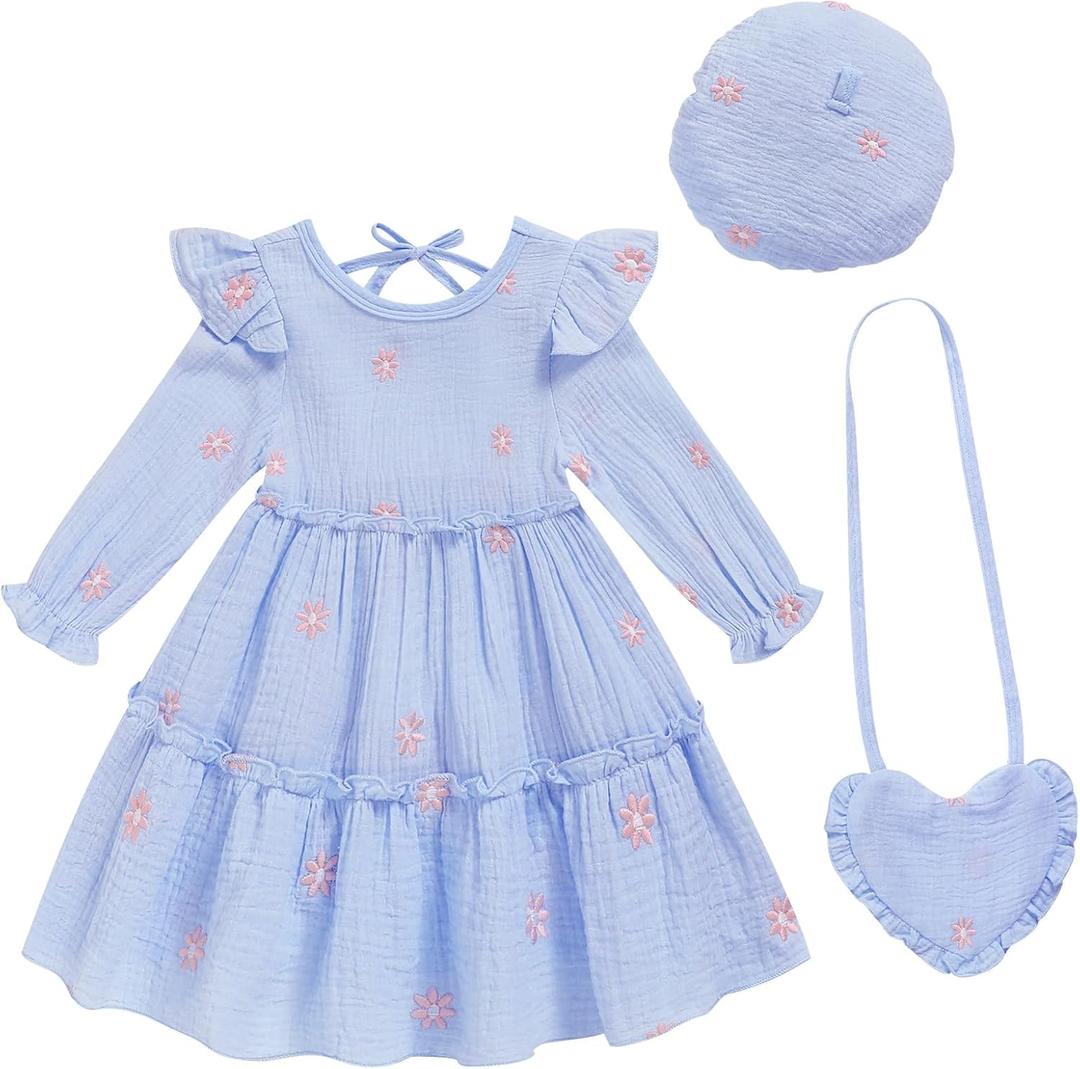 Toddler Girl Dress Kids Long Sleeve Ruffle Dresses Fall Winter Outfit Hat Bag Floral Girls Casual Playwear Dress (3-4T, Blue Dress With Flowers)