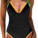 Women's One Piece Swimsuit Tummy Control Slimming Bathing Suit Ruched Swimwear Tie Back Shell Stitch Swim Suit (Black) Large