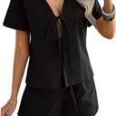 Women's Summer Short Sets Front Tie V Neck Shirt Tops Matching Casual Shorts 2 Piece Outfits Vacation Loungewear (Black, M)