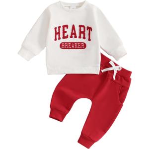 Toddler Baby Boy Clothes Crewneck Sweatshirt Long Sleeve Letter Print Shirt with Pants Cute Fall Winter Outfits (18-24 Months, V-white Red Heart)