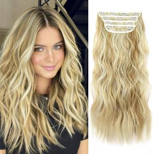 Clip in Long Wavy Synthetic Hair Extension 20 Inch 4PCS Dark Golden Mix Beige Blonde Highlights Hairpieces Thick Double Weft Hair Extension for Women (4pcs, 20Inch, P86/613#)